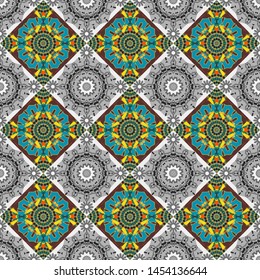 Geometric background with tribal tiles. Vector textile print for bed linen, jacket, package design, fabric and fashion concepts. Seamless pattern ethnic design in gray, blue and brown colors.