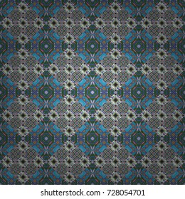 Geometric background with tribal tiles. Vector textile print for bed linen, jacket, package design, fabric and fashion concepts. Seamless pattern ethnic design in gray, blue and green colors.