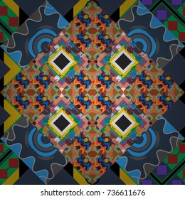 Geometric background with tribal tiles. Vector textile print for bed linen, jacket, package design, fabric and fashion concepts. Seamless pattern ethnic design in gray, blue and yellow colors.