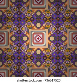 Geometric background with tribal tiles. Vector textile print for bed linen, jacket, package design, fabric and fashion concepts. Seamless pattern ethnic design in violet, green and beige colors.