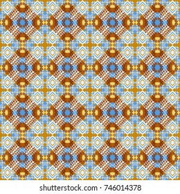 Geometric background with tribal tiles. Vector textile print for bed linen, jacket, package design, fabric and fashion concepts. Seamless pattern ethnic design in blue, brown and yellow colors.