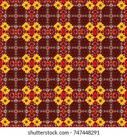 Geometric background with tribal tiles. Vector textile print for bed linen, jacket, package design, fabric and fashion concepts. Seamless pattern ethnic design in red, yellow and brown colors.