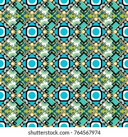 Geometric background with tribal tiles. Vector textile print for bed linen, jacket, package design, fabric and fashion concepts. Seamless pattern ethnic design in black, white and blue colors.