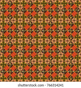 Geometric background with tribal tiles. Vector textile print for bed linen, jacket, package design, fabric and fashion concepts. Seamless pattern ethnic design in orange, yellow and brown colors.