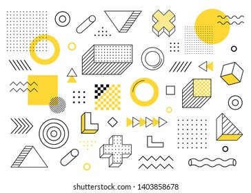 Geometric background. Universal trend halftone geometric shapes set juxtaposed with yellow elements composition. Modern vector illustration.