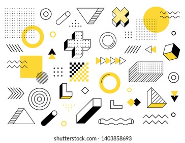 Geometric background. Universal trend halftone geometric shapes set juxtaposed with yellow elements composition. Modern vector illustration.