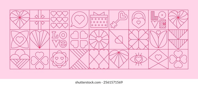 Geometric background VALENITINE'S DAY in line style. Minimalistic icons of hearts, flowers, word love. Editable stroke. Fashionable vector design for banners, posters, postcards, packaging
