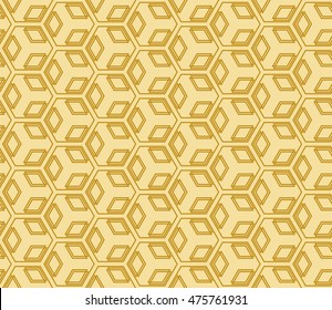 Geometric background. Vector geometric illusion cubes pattern. Golden color seamless illustration. For your design, wallpaper