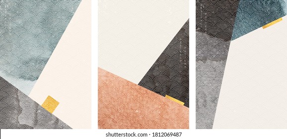 Geometric background with watercolor texture vector. Japanese wave pattern with abstract elements.