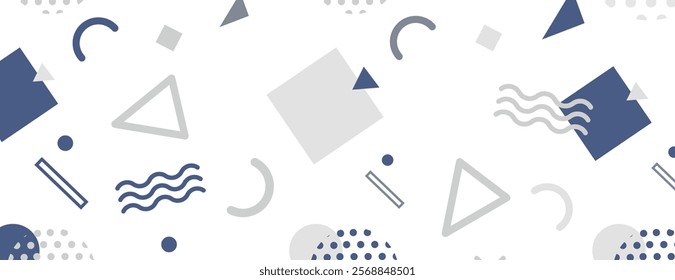 Geometric background with a white background and navy blue shapes. The background features a modern, abstract style with blue accents. Fun memphis pattern background.