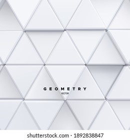 Geometric background of white triangle mosaic shapes. Vector architectural illustration. Random tiles geometric backdrop. Light mosaic wall