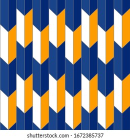 The geometric background is white, yellow, blue. Feathers, arrows, scales or armor.