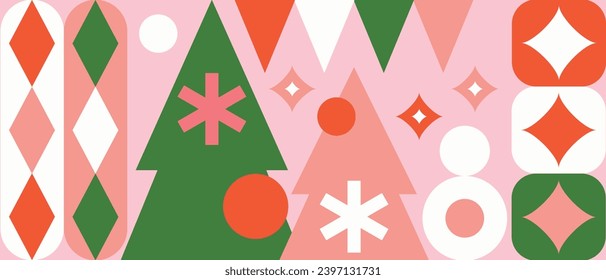 Geometrischer Hintergrund mit Wintermustern, Weihnachtsbäume im skandinavischen Stil. Vektorgrafik.
