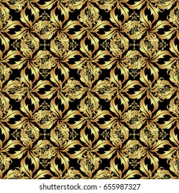 Geometric background. For your design, wallpaper. Vector geometric seamless pattern with golden gradients. Golden color seamless illustration on a black backdrop.