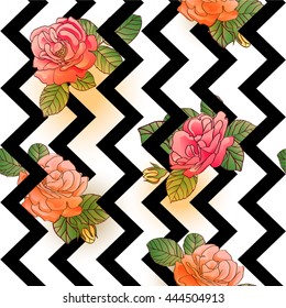 Geometric background. Zigzag. Ornament. Roses. Floral background. Vector..jpg