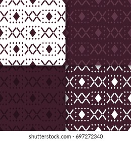 Geometric backgrounds. Abstract maroon brown seamless wallpapers. Colored set