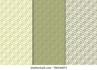 Geometric backgrounds. Green olive abstract seamless wallpapers. Colored collection