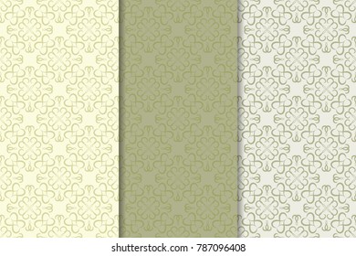 Geometric backgrounds. Olive green and beige abstract seamless patterns