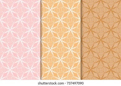 Geometric backgrounds. Orange seamless wallpapers. Colored set for textile and wallpapers