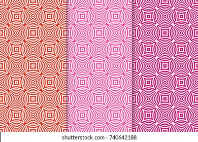 Geometric backgrounds. Red seamless wallpapers. Colored set for textile and wallpapers