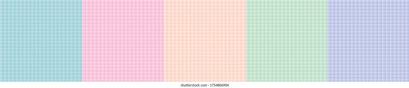 Geometric backgrounds with squares of delicate pastel colors - blue, pink, beige, light green, lilac. Vector graphics.