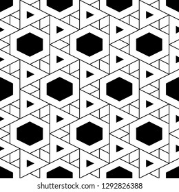 Geometric background.Triangular, quadrangular, hexagonal shapes wallpaper. Seamless ornament. Polygons motif. Triangles, rhombuses, hexagons pattern. Geometrical backdrop.Digital paper, abstract.