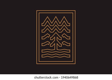 Geometric badge with mountains, river and tree