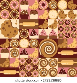 Geometric bakery mosaic pattern with sweet pastry. Vector illustration of seamless tiles with doodle muffin, donut, croissant, cookie, cinnabon and rolling pin, fresh baked food, handdrawn menu design