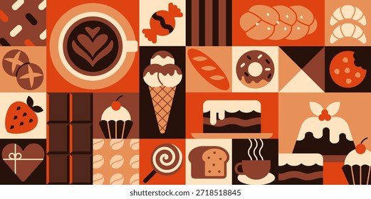 Patrón geométrico de la panadería. Anuncio minimalista con postres dulces, caramelos, rosquillas, helados, chocolate y café hecho de Formas simples. Diseño para embalaje y menú de cafetería. Ilustración vectorial plana