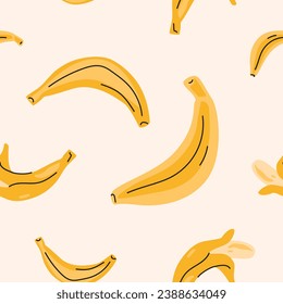 Geometric banana background. Simple fruit with lines, childish plants on beige backdrop. Summer vector illustration with sweet natural food.