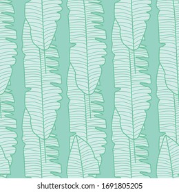 Geometric banana leaf seamless pattern on green background. Jungle exotic plant wallpaper. Trendy Design for fabric, textile print, wrapping paper, fashion, interior, cover. Vector illustration