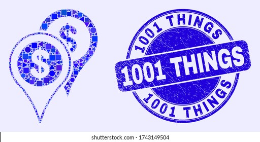 Geometric bank map markers mosaic pictogram and 1001 Things seal. Blue vector round grunge seal stamp with 1001 Things title. Abstract concept of bank map markers made of round, tringle,