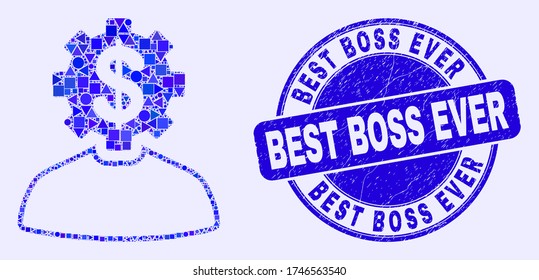 Geometric banker gear person mosaic pictogram and Best Boss Ever seal stamp. Blue vector rounded scratched seal with Best Boss Ever text. Abstract mosaic of banker gear person designed of spheric,