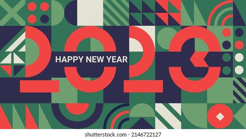 Geometric banner for 2023 New Year.Greeting poster with numbers on minimalistic background with simple geometry shapes.Template for flyer,web, cover,calendar,web,presentation,print.Vector illustration