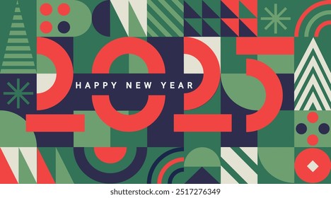 Geometric banner for 2025 New Year.Greeting poster with numbers on minimalistic background with simple geometry shapes.Template for flyer,web, cover,calendar,web,presentation,print.Vector illustration