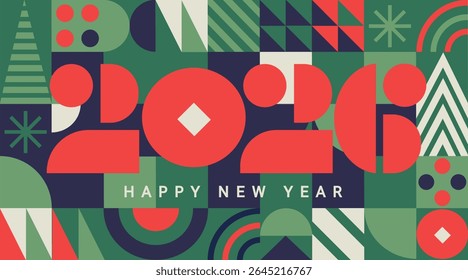 Geometric banner for 2026 New Year.Greeting poster with numbers on minimalistic background with simple geometry shapes.Template for flyer,web, cover,calendar,web,presentation,print.Vector illustration