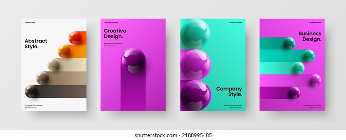 Geometric banner A4 vector design concept set. Clean realistic balls magazine cover template bundle.