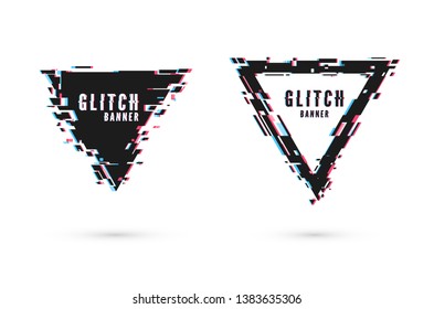 Geometric banner with distortion effect - Glitch. Triangle shape frame. Digital technology modern poster and flyer template. Vector illustration isolated on white background