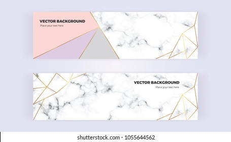 Geometric banner with gold lines, grey, pastel pink colors and marble texture background. Template for designs, card, flyer, invitation, party, birthday, wedding, email, web
