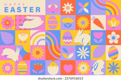 Geometric Banner for Happy Easter with elements and symbols of holiday, decorated eggs, flowers,rabbits, chickens and text greeting. Trendy cute template for web,social media ads, flyers,print. Vector