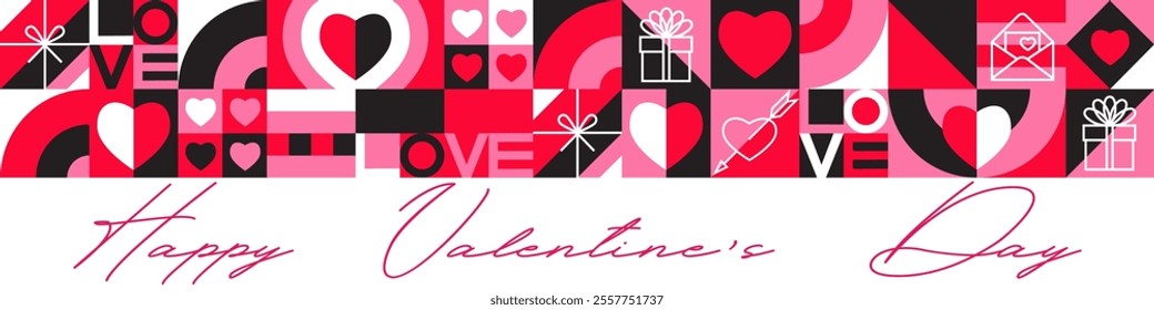 geometric banner in horizontal format with the inscription happy Valentine's day. abstract banner design in the style of the 60s of the 20th century. Heart and other symbols are in pink, red, black