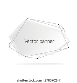 Geometric banner inside poligonal mesh on white background. Abstract form with connected lines.