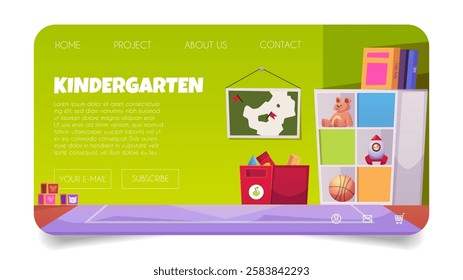 Geometric banner of kindergarten educational website web page with cabinet, toys, storage box, map and books. Educational page template. Flat cartoon style. Vector illustration.