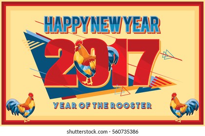 Geometric banner with a rooster in low poly art with typography text of the new year. Banner can be used for advertising, greetings, discounts. Symbol of 2017 on the Chinese New Year.