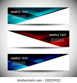 Geometric Banner Set – Blue, Red, and Dark Blue Gradient Designs with Sample Text and Triangular Overlays. A sleek and professional set of three horizontal banners featuring triangular geometric overlays with gradient color schemes: blue, red, and dark blue. Each banner includes bold white “SAMPLE TEXT” and placeholder paragraph content, set against a light gray background with subtle shadow effects for added depth. The clean layout and modern aesthetic make these designs ideal for digital marketing, website headers, promotional campaigns, branding visuals, or editorial graphics.