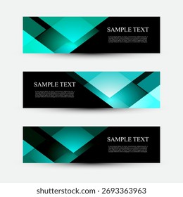 Geometric Banner Set – Teal and Blue Overlapping Shapes with Sample Text on Gradient Background. A sleek and professional set of three horizontal banners featuring overlapping translucent geometric shapes in shades of teal, blue, and black. Each banner includes a “SAMPLE TEXT” heading and placeholder paragraph in white, set against a gradient background that transitions from dark to light. The layered composition and cool-toned palette create a modern and dynamic visual effect, ideal for use in digital marketing, website headers, promotional campaigns, or branding visuals.