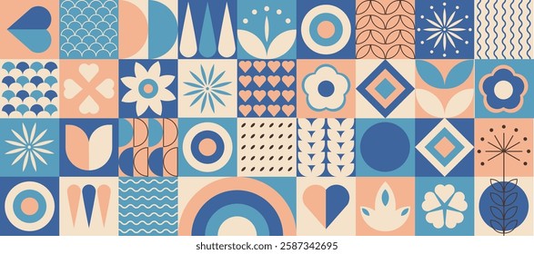 Geometric banner with simple geometric shapes and figures and symbols. Retro banner with forms and flowers. Vector illustration.