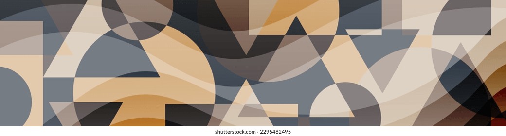 Banner geométrico con formas onduladas traslúcidas. Superficie poligonal en tonos beige, marrón y gris. Vector.