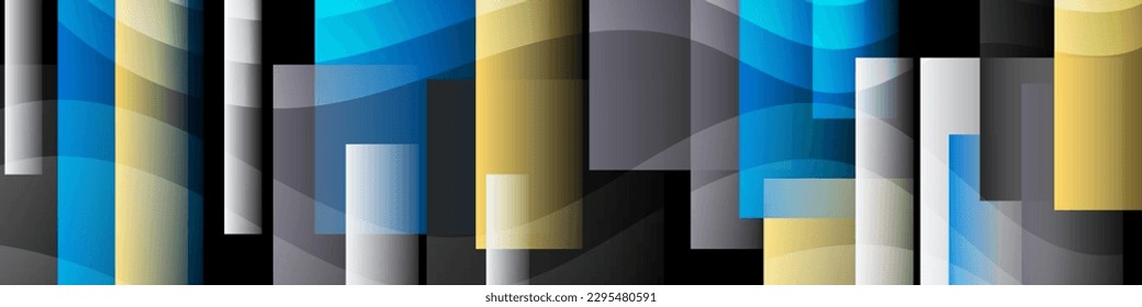 Geometric banner with translucent polygons in blue, yellow, gray tones. A beautiful illustration for interior decoration, corporate designs, blogs, postcards, posters and your other projects. Vector. 