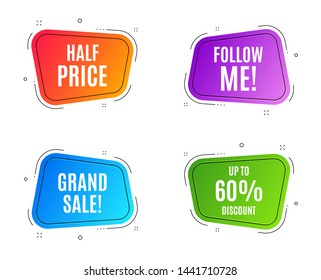 Geometric banners. Up to 60% Discount. Sale offer price sign. Special offer symbol. Save 60 percentages. Follow me banner. Clearance sale. Vector